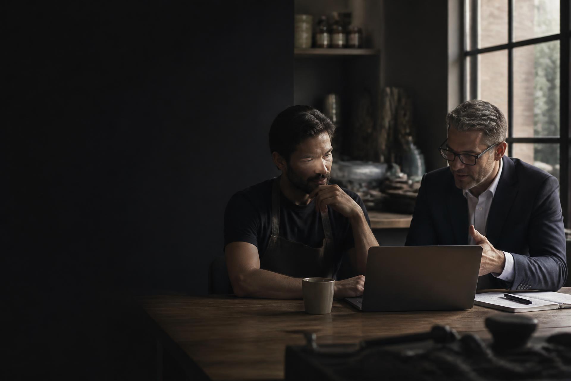 A business owner and an advisor reviewing financial performance together at a workshop table